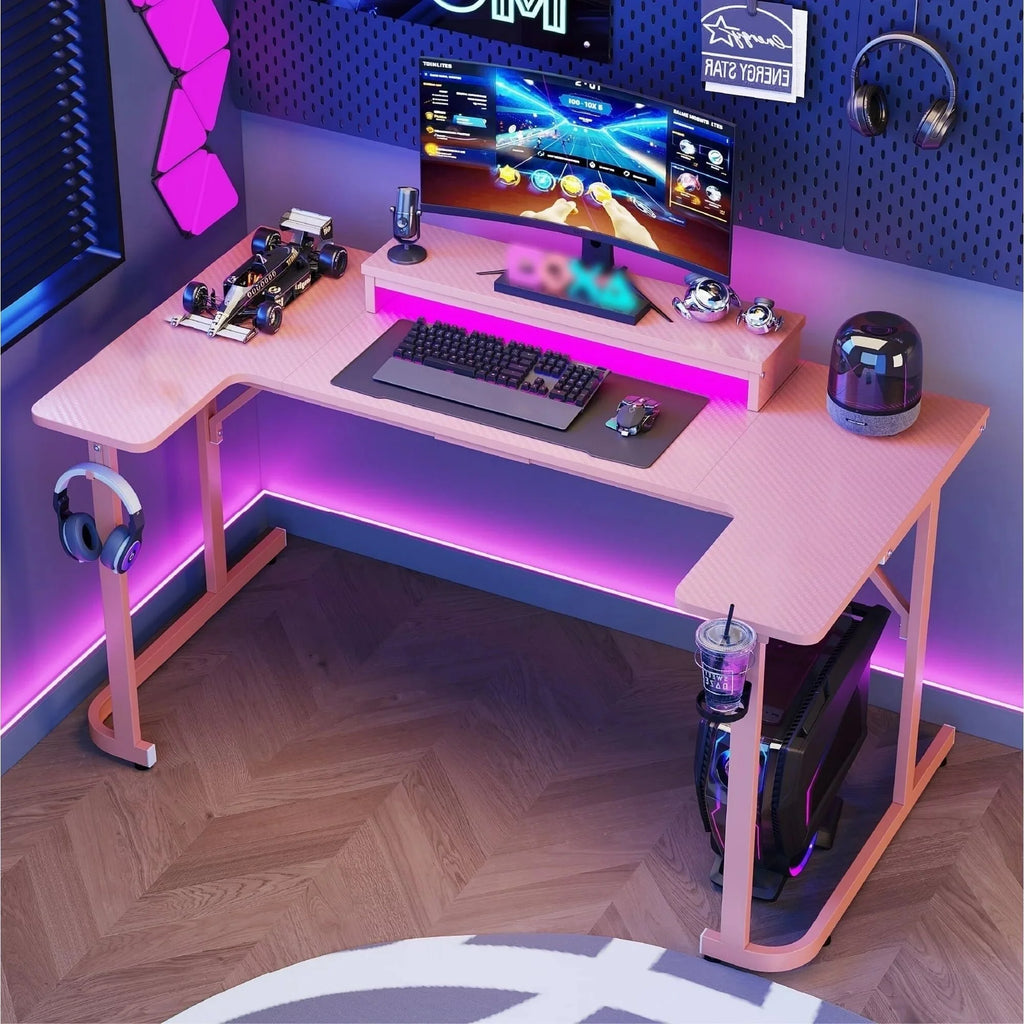 U-Shaped Gaming Desk with Monitor Stand, LED Lights, Headphone Hooks, Cup Holder, 31.5 X 59 In, Carbon Fiber Pink
