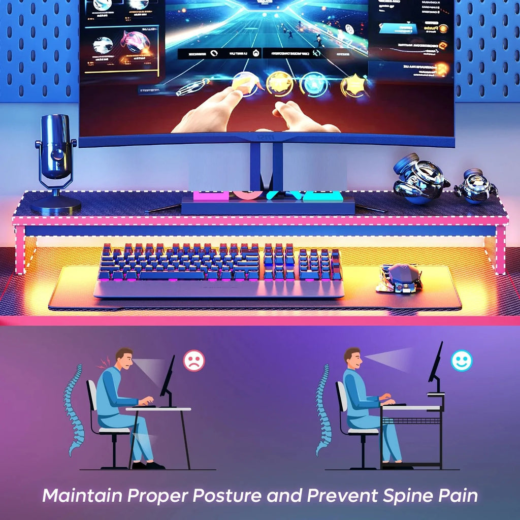 U-Shaped Gaming Desk with Monitor Stand, LED Lights, Headphone Hooks, Cup Holder, 31.5 X 59 In, Carbon Fiber Pink
