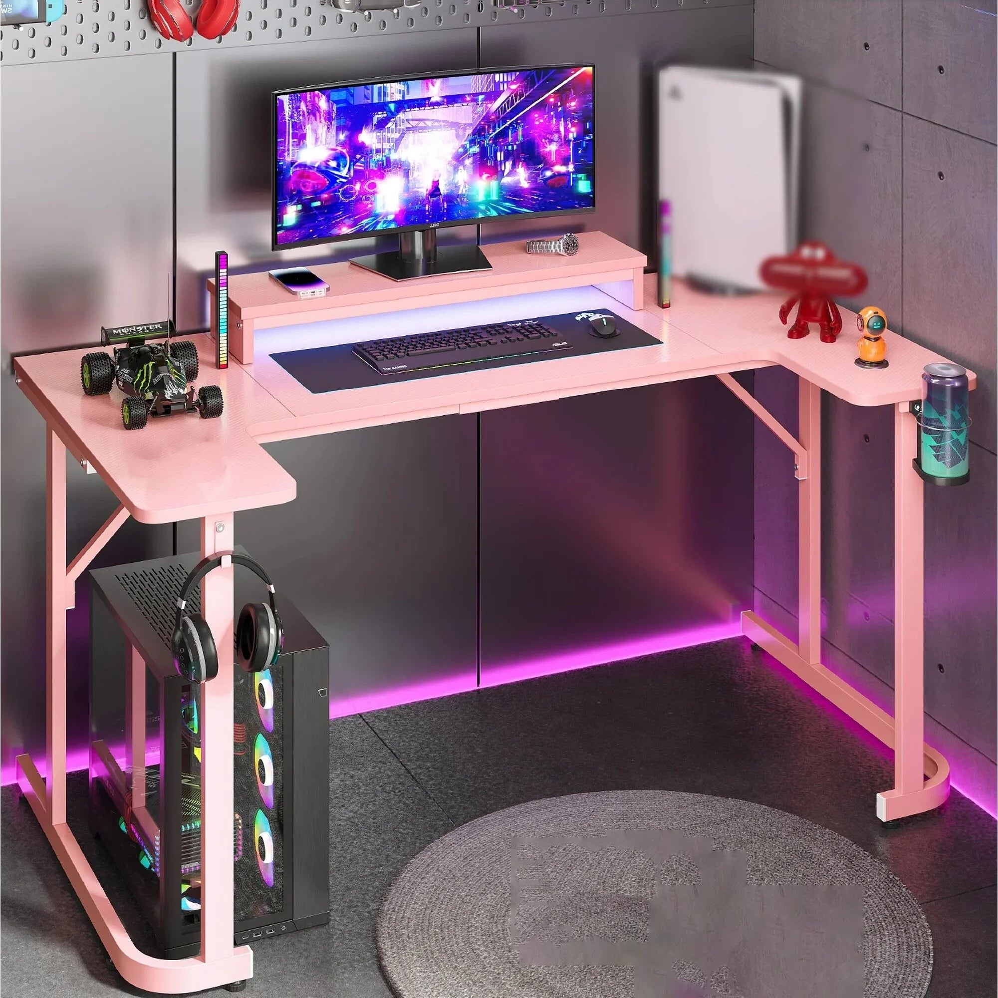 U-Shaped Gaming Desk with Monitor Stand, LED Lights, Headphone Hooks, Cup Holder, 31.5 X 59 In, Carbon Fiber Pink
