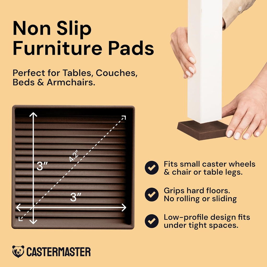 Non-Slip Rubber Furniture Pads - 3 in X 3 in Set of 4 Brown - Floor Protectors for Hardwood Floors & Chairs - Grippers & Rubber Feet for Furniture