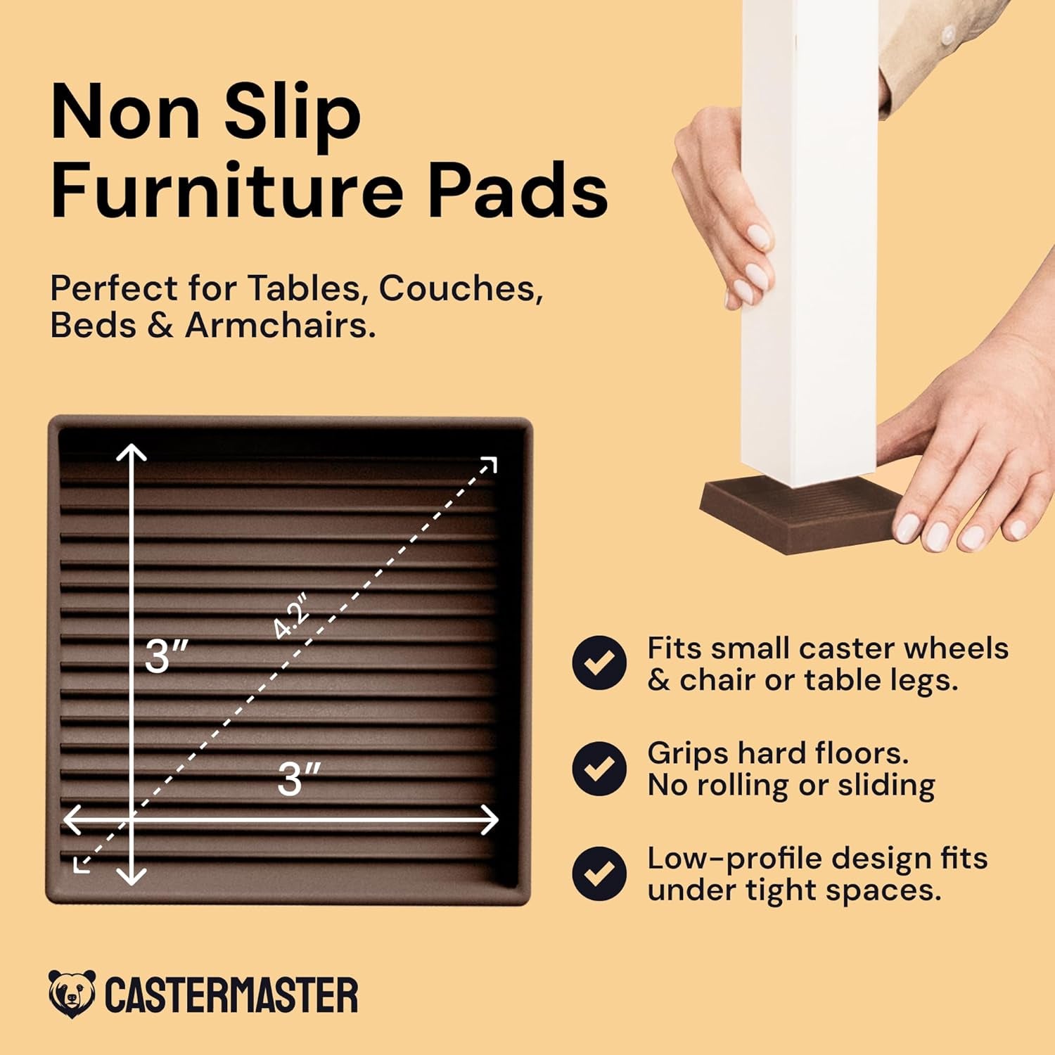 Non-Slip Rubber Furniture Pads - 3 in X 3 in Set of 4 Brown - Floor Protectors for Hardwood Floors & Chairs - Grippers & Rubber Feet for Furniture