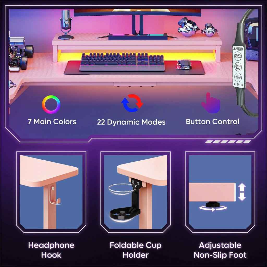 U-Shaped Gaming Desk with Monitor Stand, LED Lights, Headphone Hooks, Cup Holder, 31.5 X 59 In, Carbon Fiber Pink