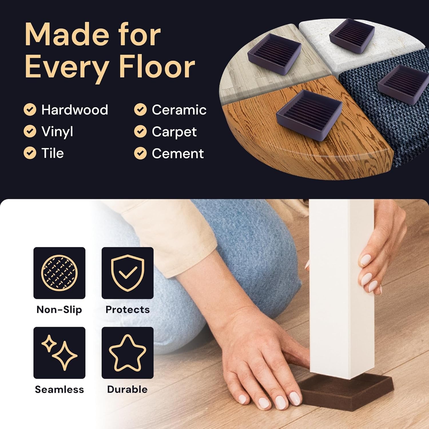 Non-Slip Rubber Furniture Pads - 3 in X 3 in Set of 4 Brown - Floor Protectors for Hardwood Floors & Chairs - Grippers & Rubber Feet for Furniture