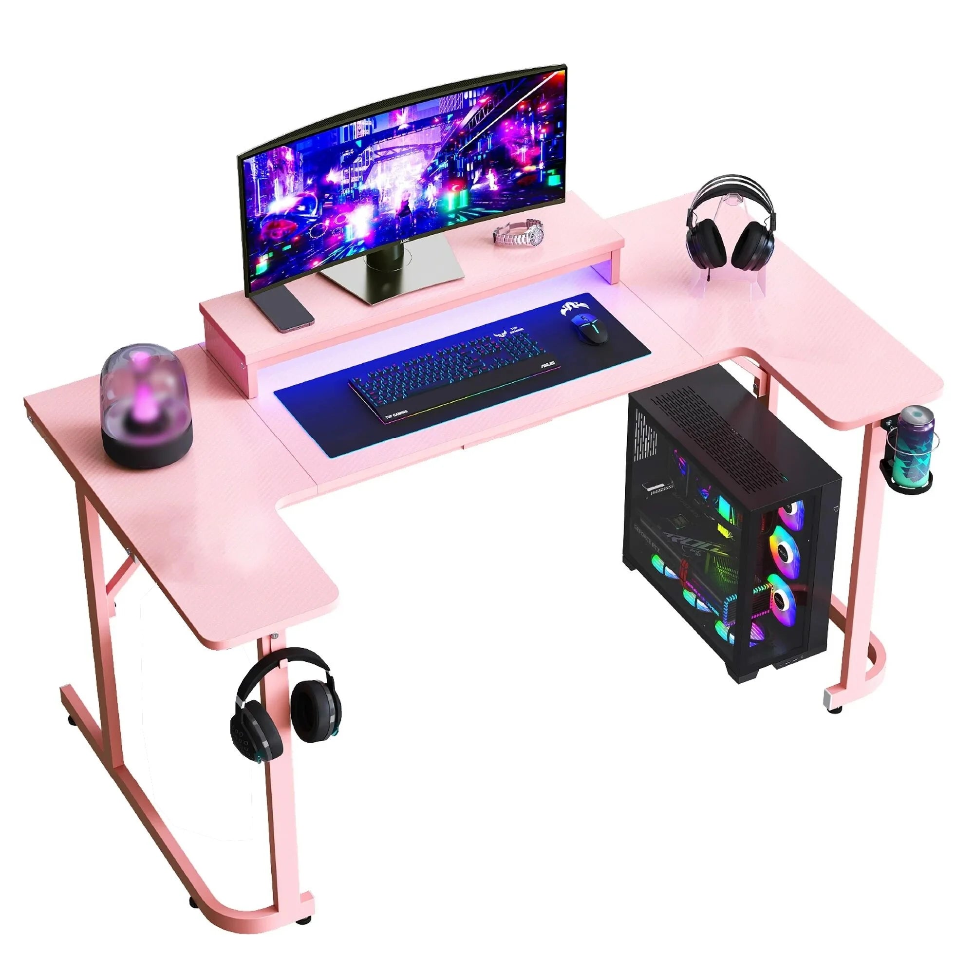 U-Shaped Gaming Desk with Monitor Stand, LED Lights, Headphone Hooks, Cup Holder, 31.5 X 59 In, Carbon Fiber Pink