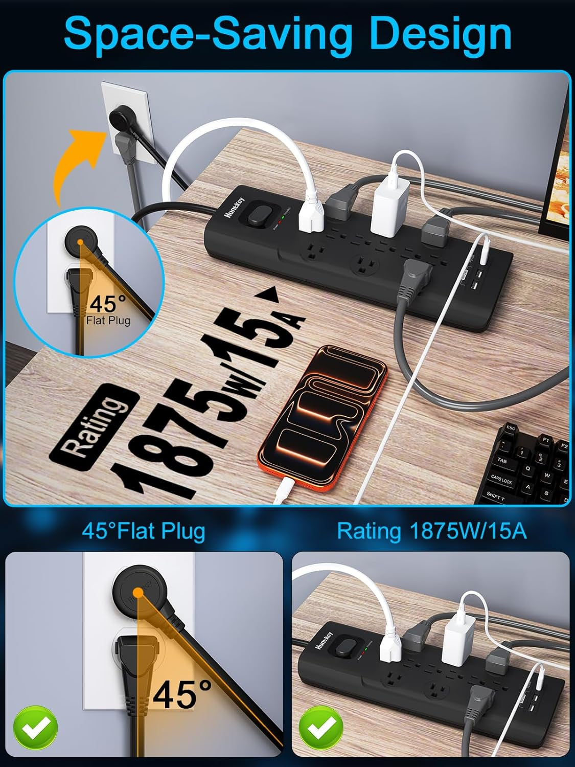 Surge Protector Power Strip (3480J),  12 Outlets with 2 USB a and 20W USB C Fast Charging, 6Ft Flat Plug, Heavy-Duty Extension Cord for Workbench, Kitchen, Garage Must Have, ETL Listed