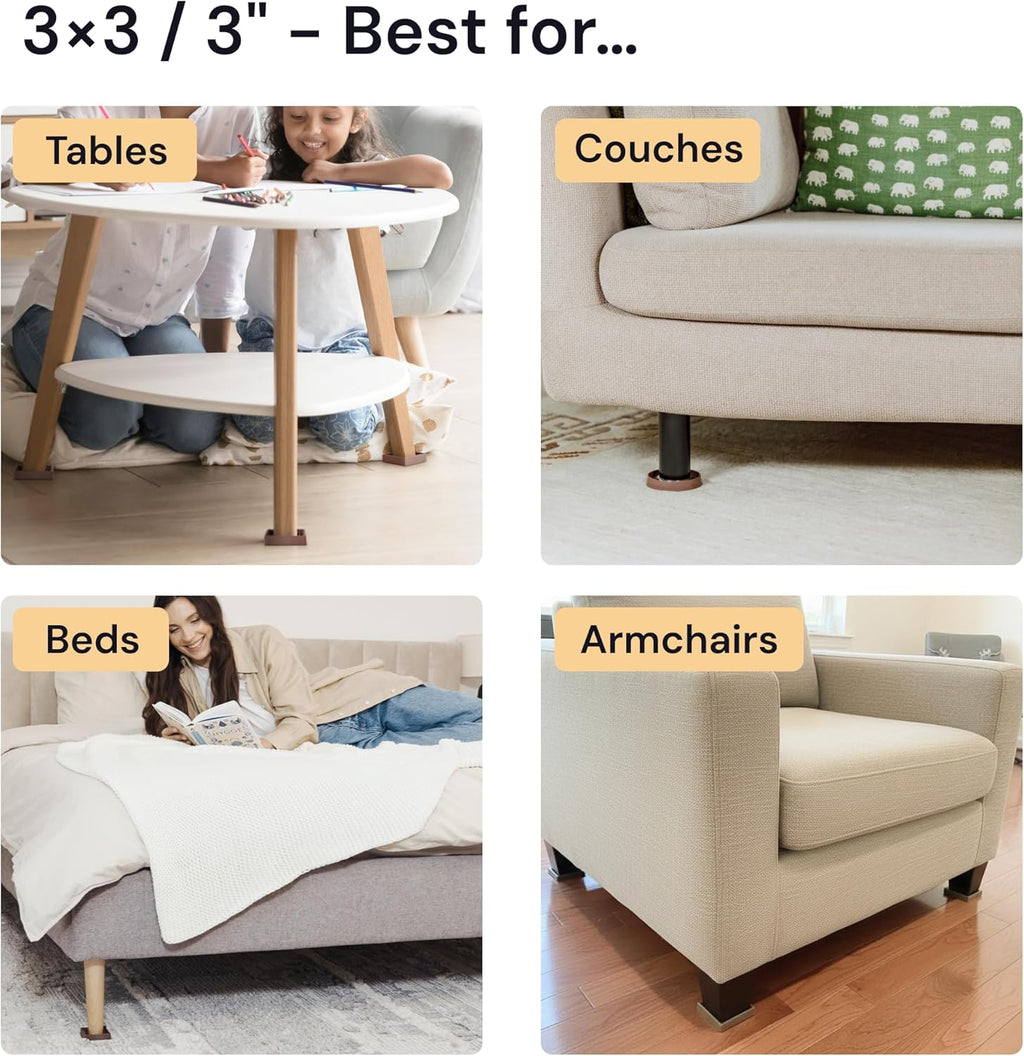 Non-Slip Rubber Furniture Pads - 3 in X 3 in Set of 4 Brown - Floor Protectors for Hardwood Floors & Chairs - Grippers & Rubber Feet for Furniture