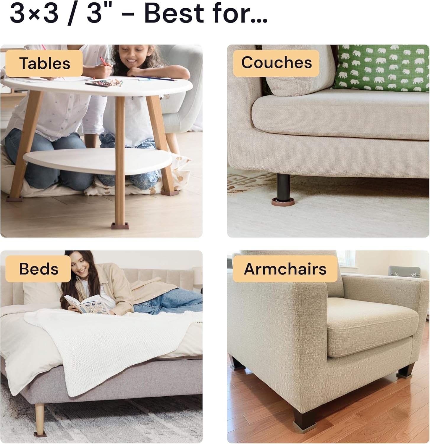 Non-Slip Rubber Furniture Pads - 3 in X 3 in Set of 4 Brown - Floor Protectors for Hardwood Floors & Chairs - Grippers & Rubber Feet for Furniture